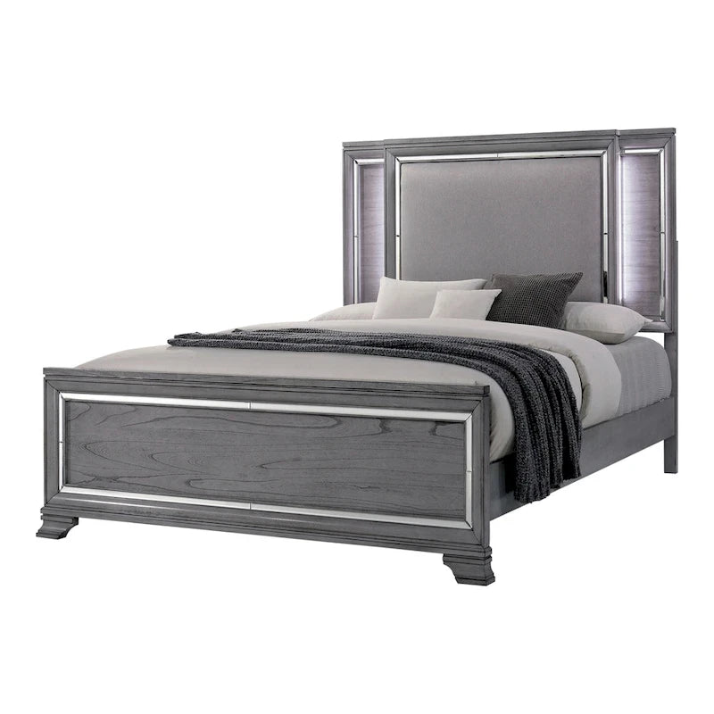 Taia Set Camera da Letto Contemporaneo 3 Pezzi Grigio con Letto, Comodino e Cassettiera con LED