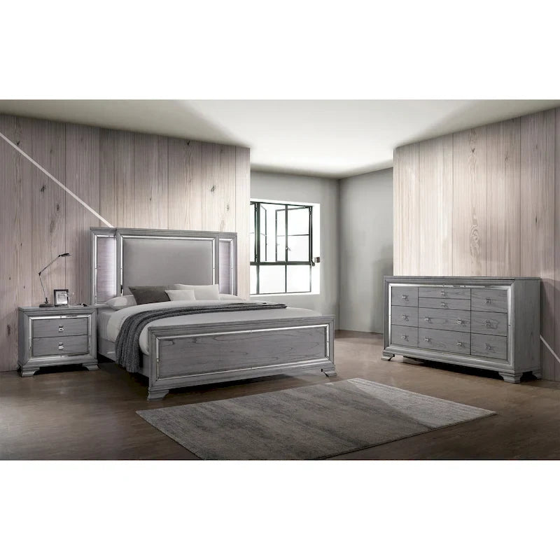 Taia Set Camera da Letto Contemporaneo 3 Pezzi Grigio con Letto, Comodino e Cassettiera con LED