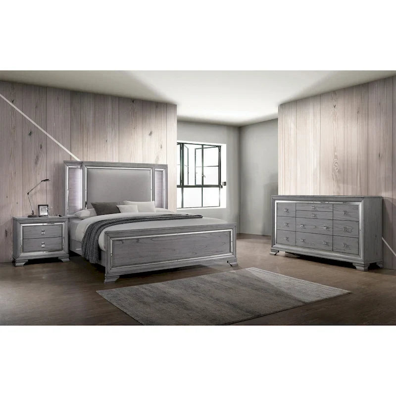 Taia Set Camera da Letto Contemporaneo 3 Pezzi Grigio con Letto, Comodino e Cassettiera con LED