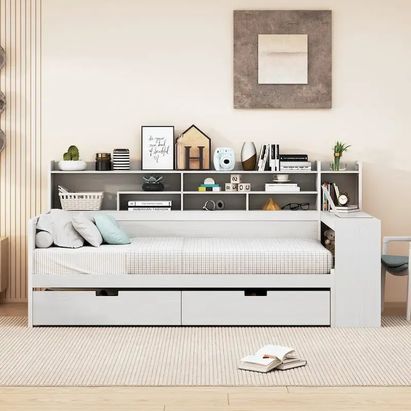 Divano letto singolo in legno con mensole portaoggetti, letto multifunzione con due cassetti e scrivania