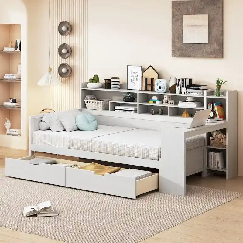 Divano letto singolo in legno con mensole portaoggetti, letto multifunzione con due cassetti e scrivania