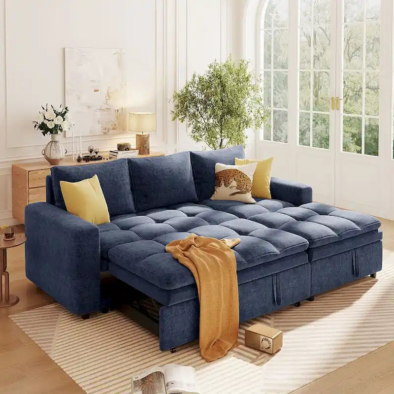 Divano letto angolare a L blu con contenitore, in morbido tessuto ciniglia