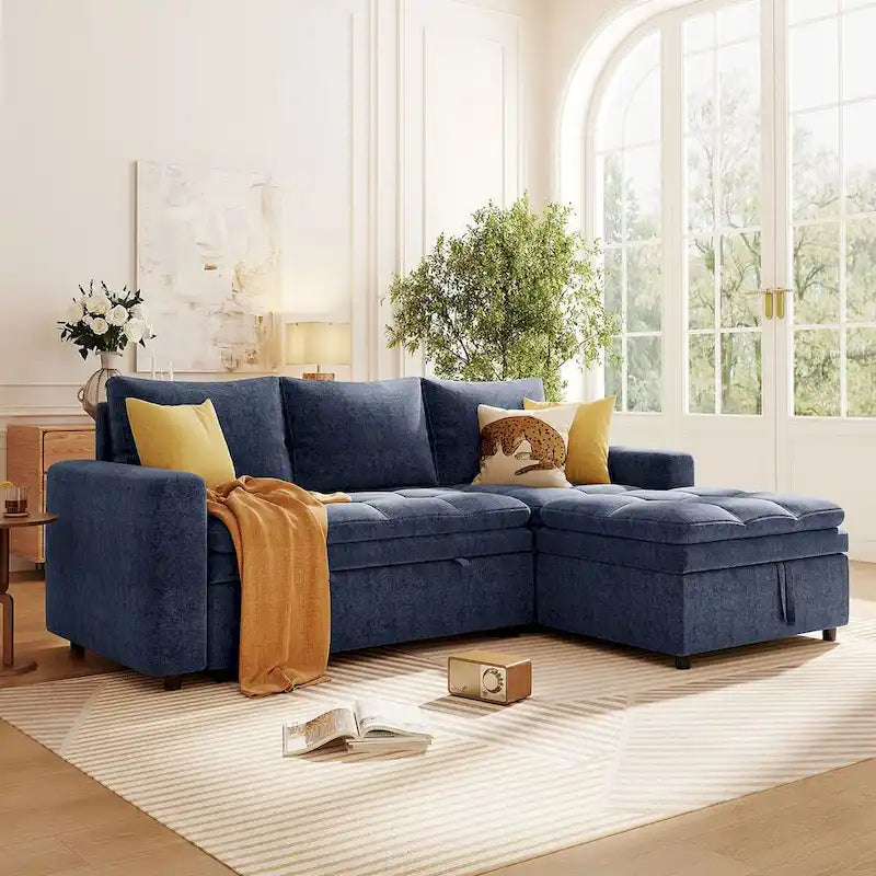 Divano letto angolare a L blu con contenitore, in morbido tessuto ciniglia