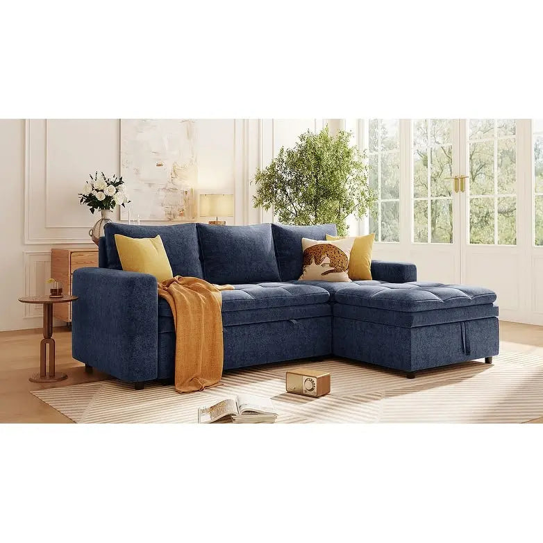 Divano letto angolare a L blu con contenitore, in morbido tessuto ciniglia