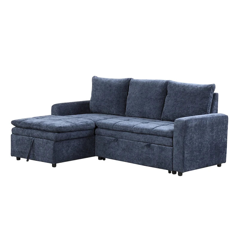 Divano letto angolare a L blu con contenitore, in morbido tessuto ciniglia
