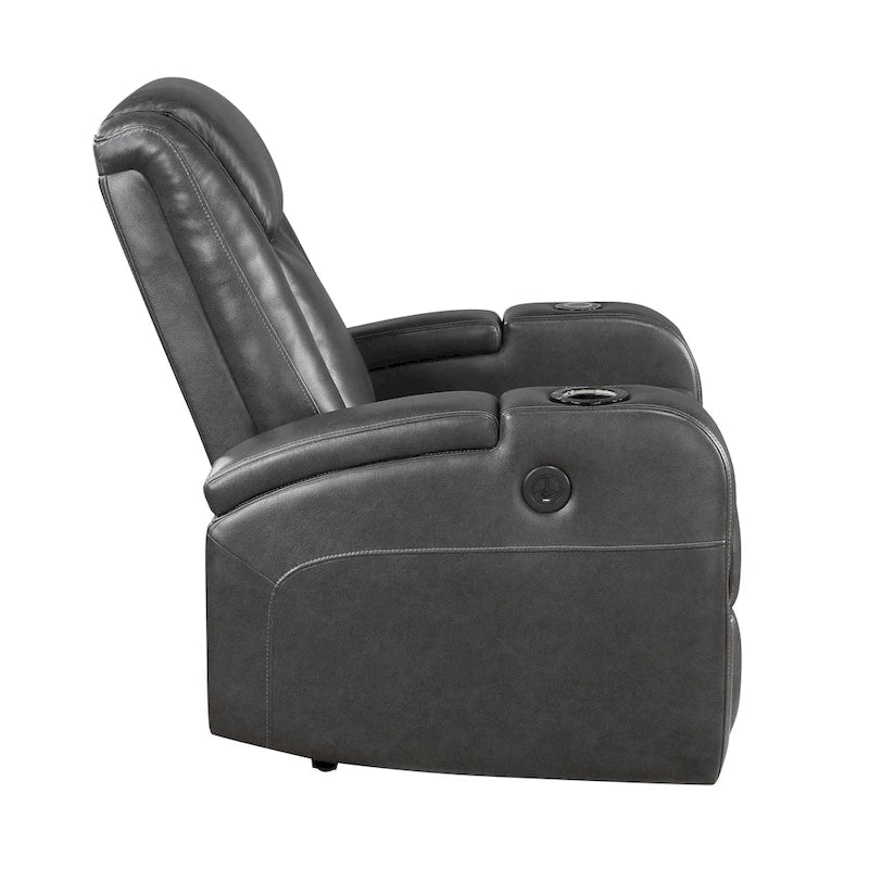 Poltrona reclinabile elettrica, portabevande refrigerato, LED, pelle PU grigia