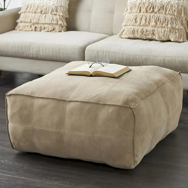 Pouf quadrato basso in pelle con design patchwork - Marrone, Grigio o Marrone Scuro