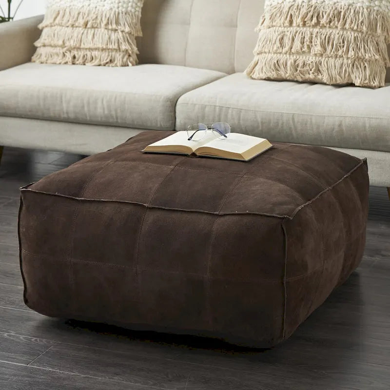 Pouf quadrato basso in pelle con design patchwork - Marrone, Grigio o Marrone Scuro